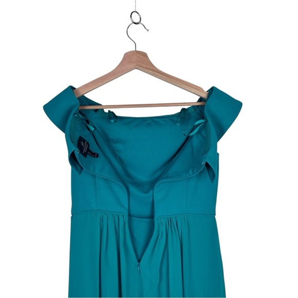ADRIANNA PAPELL BOTANIC GREEN OFF THE SHOULDER CREPE CHIFFON EVENING GOWN DRESS - Picture 9 of 12